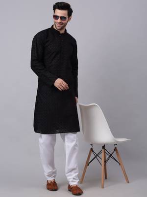 Men Black  Chikankari Cotton Kurta 6