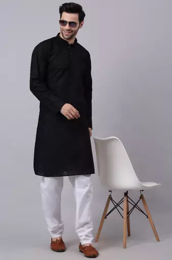 Men Black  Chikankari Cotton Kurta