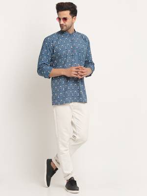 Men Cotton Jaipuri Printed Blue Short Kurta with Roll-Up Sleeves 1