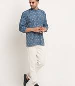 Men Cotton Jaipuri Printed Blue Short Kurta with Roll-Up Sleeves