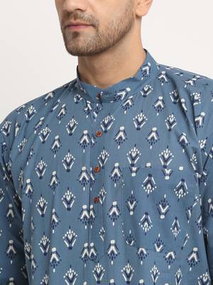 Men Cotton Jaipuri Printed Blue Short Kurta with Roll-Up Sleeves 2