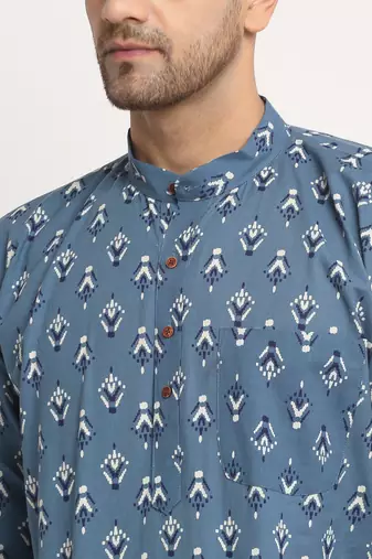 Men Cotton Jaipuri Printed Blue Short Kurta with Roll-Up Sleeves