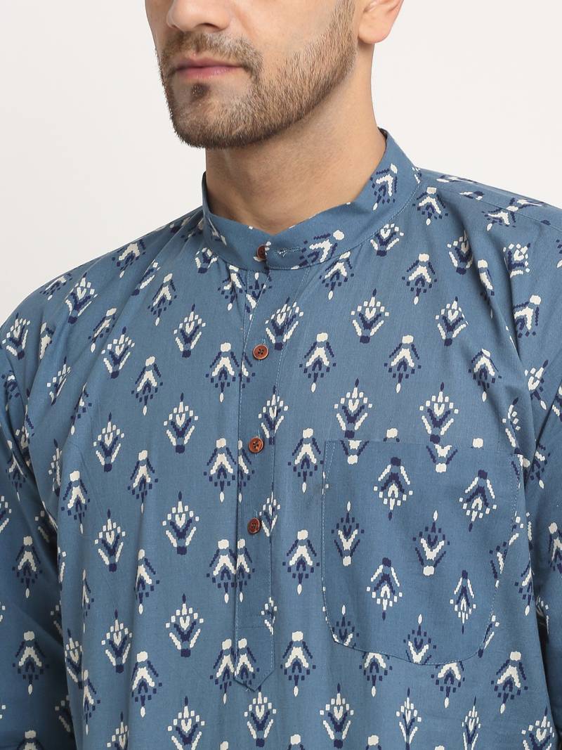 Men Cotton Jaipuri Printed Blue Short Kurta with Roll-Up Sleeves