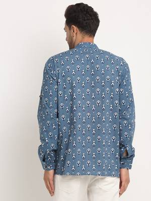 Men Cotton Jaipuri Printed Blue Short Kurta with Roll-Up Sleeves 3