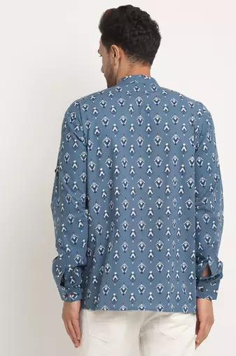 Men Cotton Jaipuri Printed Blue Short Kurta with Roll-Up Sleeves