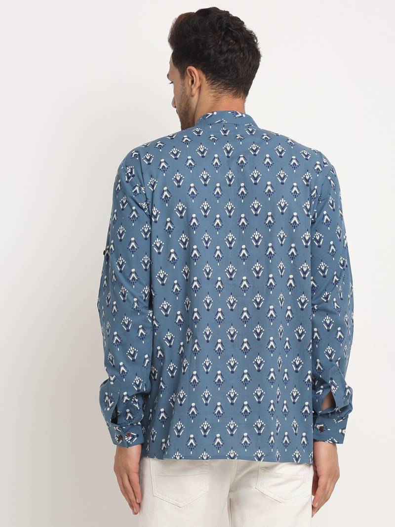 Men Cotton Jaipuri Printed Blue Short Kurta with Roll-Up Sleeves