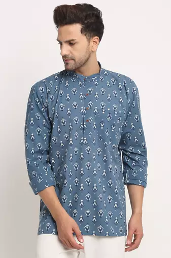 Men Cotton Jaipuri Printed Blue Short Kurta with Roll-Up Sleeves
