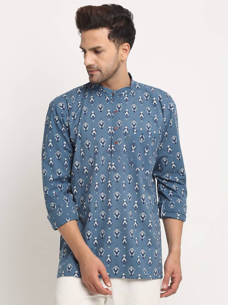Men Cotton Jaipuri Printed Blue Short Kurta with Roll-Up Sleeves
