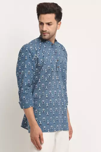 Men Cotton Jaipuri Printed Blue Short Kurta with Roll-Up Sleeves