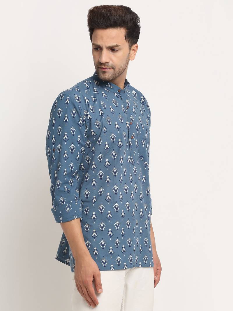Men Cotton Jaipuri Printed Blue Short Kurta with Roll-Up Sleeves