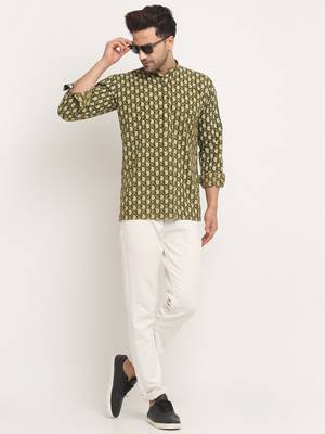 Men Cotton Jaipuri Printed Green Short Kurta with Roll-Up Sleeves 1