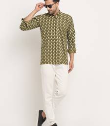 Men Cotton Jaipuri Printed Green Short Kurta with Roll-Up Sleeves