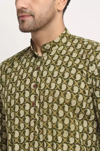 Men Cotton Jaipuri Printed Green Short Kurta with Roll-Up Sleeves