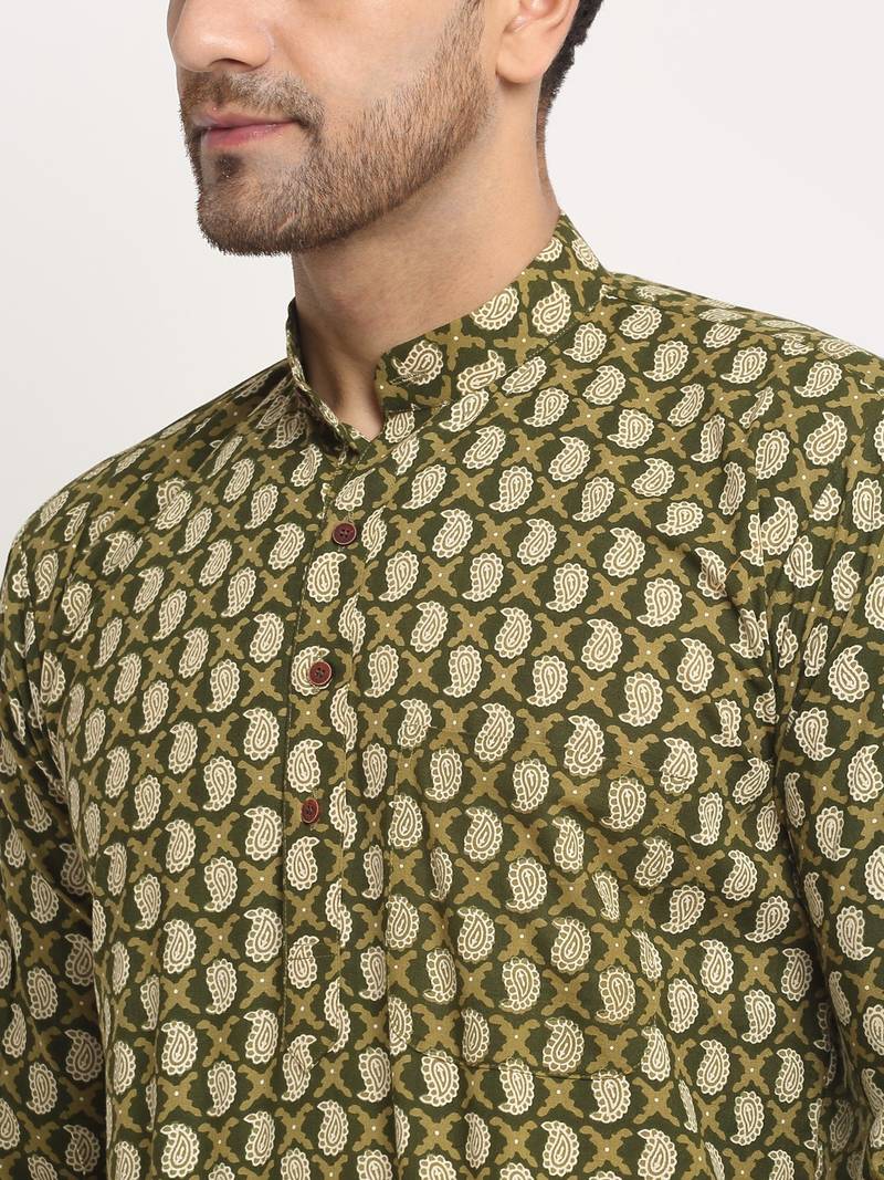 Men Cotton Jaipuri Printed Green Short Kurta with Roll-Up Sleeves