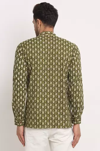Men Cotton Jaipuri Printed Green Short Kurta with Roll-Up Sleeves