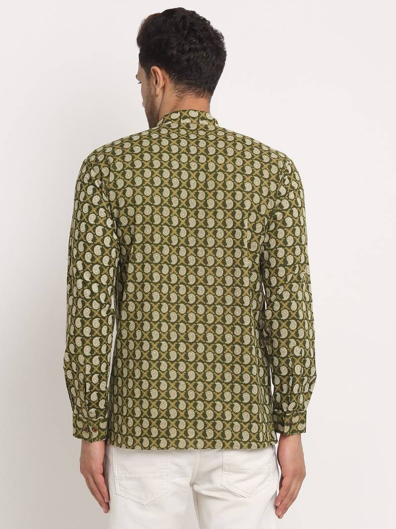 Men Cotton Jaipuri Printed Green Short Kurta with Roll-Up Sleeves