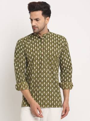 Men Cotton Jaipuri Printed Green Short Kurta with Roll-Up Sleeves 4