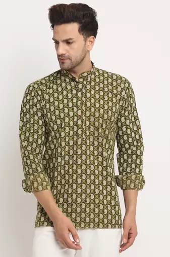 Men Cotton Jaipuri Printed Green Short Kurta with Roll-Up Sleeves