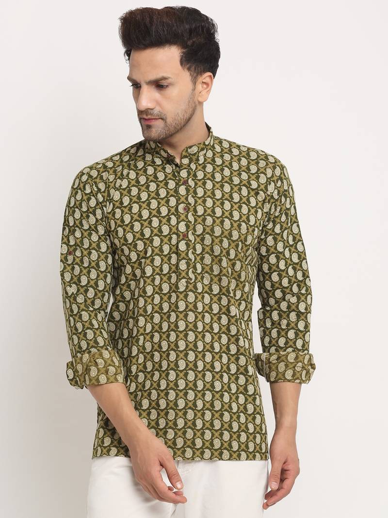 Men Cotton Jaipuri Printed Green Short Kurta with Roll-Up Sleeves