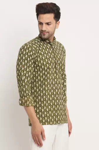 Men Cotton Jaipuri Printed Green Short Kurta with Roll-Up Sleeves