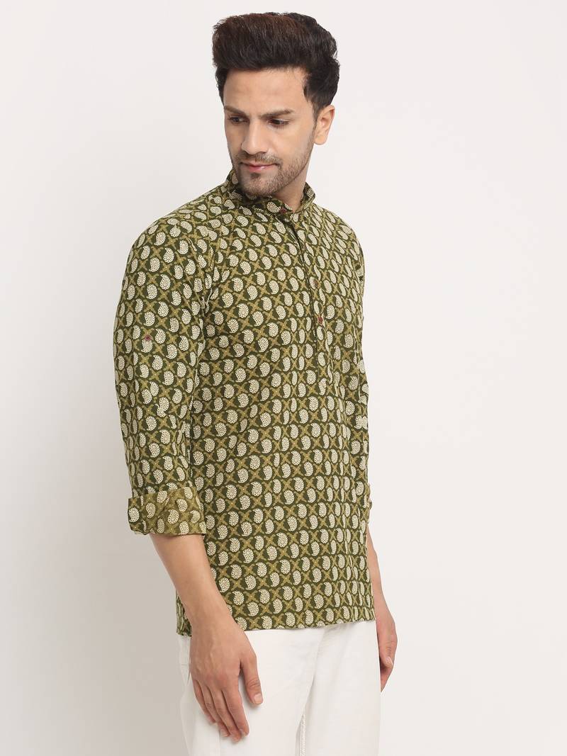 Men Cotton Jaipuri Printed Green Short Kurta with Roll-Up Sleeves