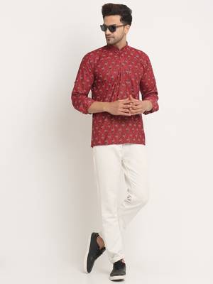 Men Cotton Jaipuri Printed Maroon Short Kurta with Roll-Up Sleeves 1