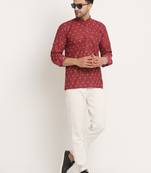 Men Cotton Jaipuri Printed Maroon Short Kurta with Roll-Up Sleeves