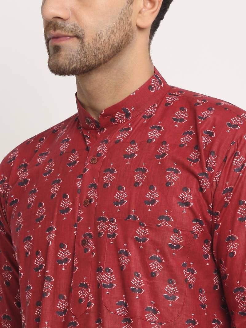 Men Cotton Jaipuri Printed Maroon Short Kurta with Roll-Up Sleeves