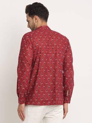 Men Cotton Jaipuri Printed Maroon Short Kurta with Roll-Up Sleeves 3