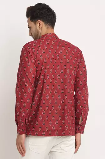 Men Cotton Jaipuri Printed Maroon Short Kurta with Roll-Up Sleeves