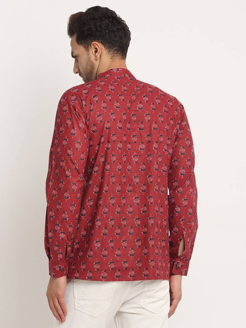 Men Cotton Jaipuri Printed Maroon Short Kurta with Roll-Up Sleeves