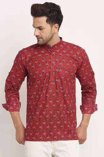 Men Cotton Jaipuri Printed Maroon Short Kurta with Roll-Up Sleeves