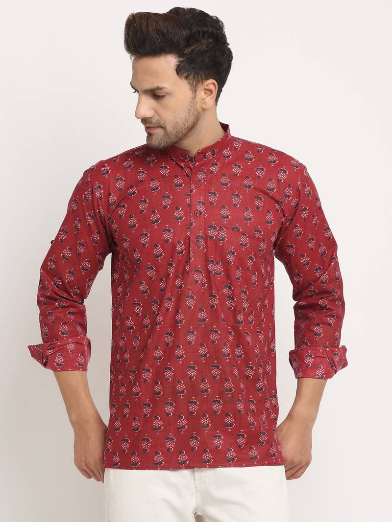 Men Cotton Jaipuri Printed Maroon Short Kurta with Roll-Up Sleeves