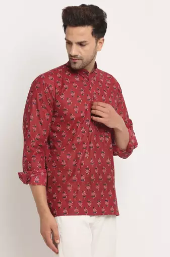 Men Cotton Jaipuri Printed Maroon Short Kurta with Roll-Up Sleeves