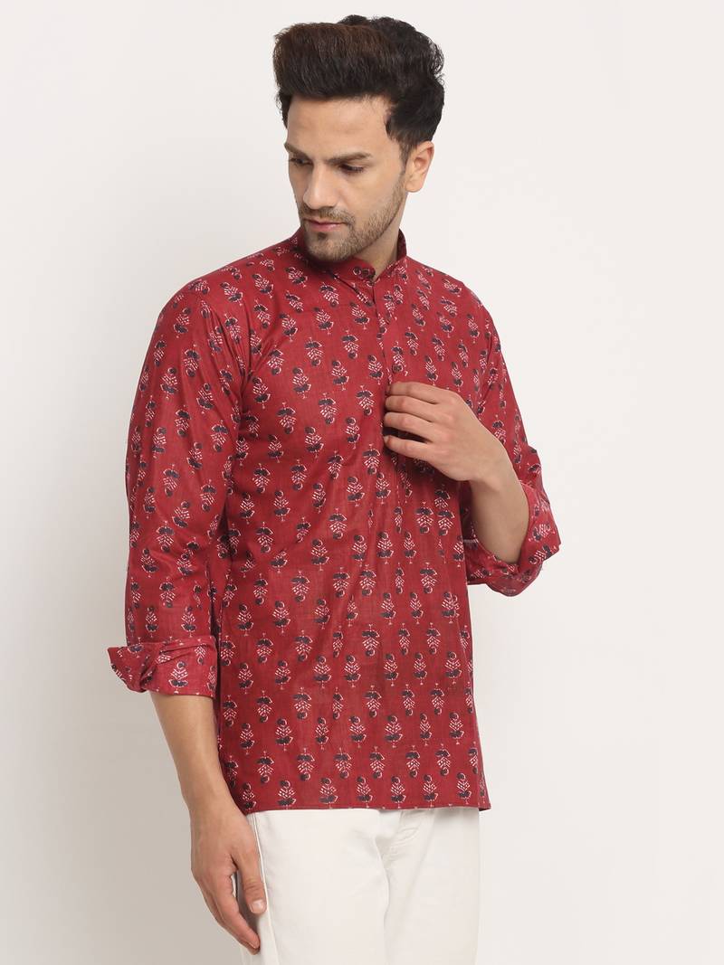 Men Cotton Jaipuri Printed Maroon Short Kurta with Roll-Up Sleeves