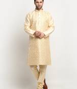 KRAFT INDIA Men's Silk Embroided Beige Kurta Only