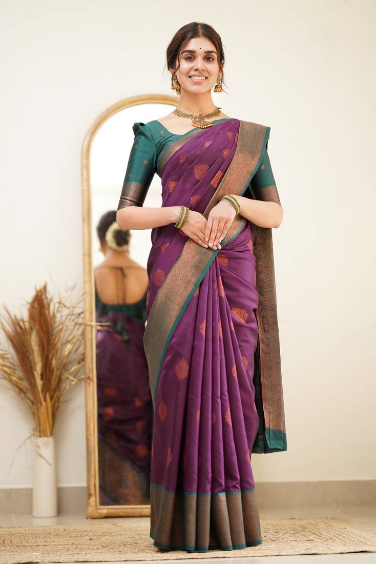 Festive Were Ethnic Motifs Banarasi Saree with Contrast Border With Blouse