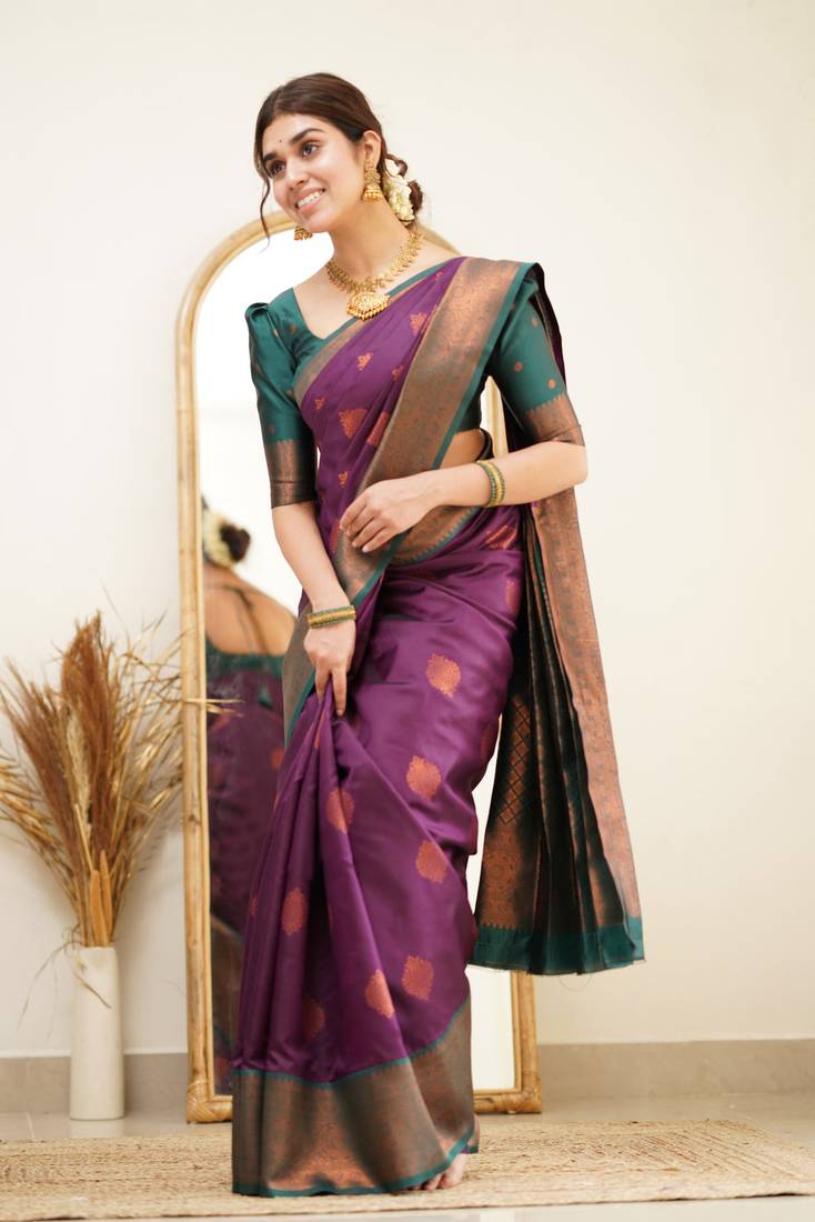 Festive Were Ethnic Motifs Banarasi Saree with Contrast Border With Blouse