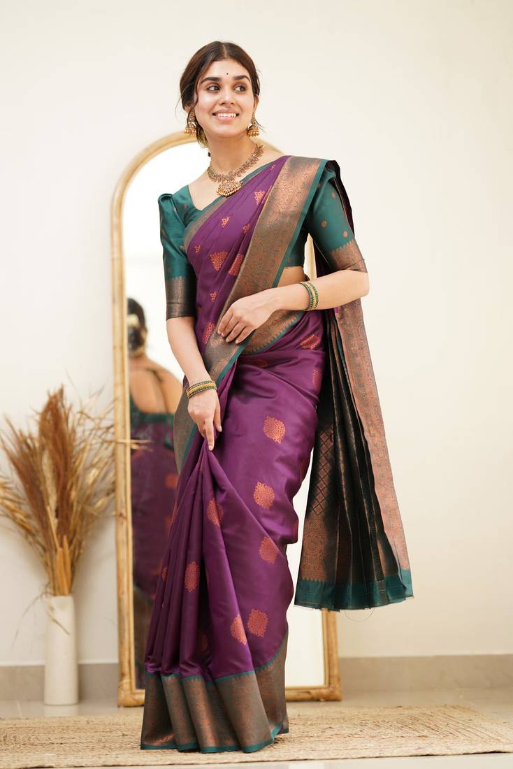 Festive Were Ethnic Motifs Banarasi Saree with Contrast Border With Blouse