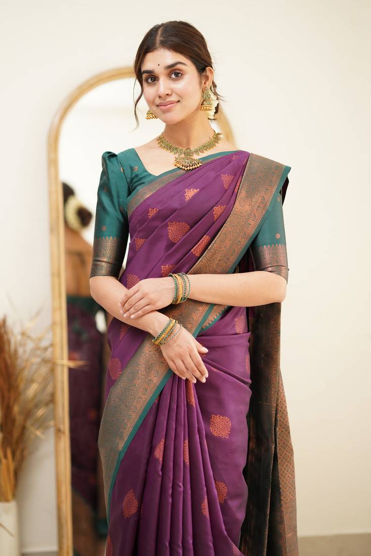 Festive Were Ethnic Motifs Banarasi Saree with Contrast Border With Blouse