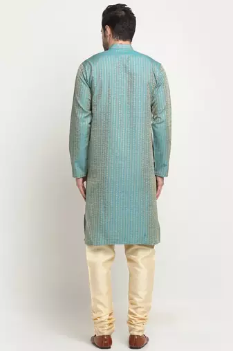 Blue Silk Blend Woven Kurta For men