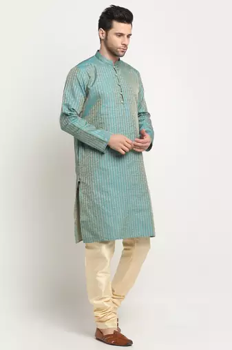 Blue Silk Blend Woven Kurta For men