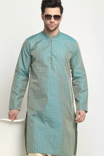 Blue Silk Blend Woven Kurta For men