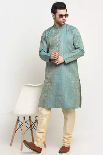 Blue Silk Blend Woven Kurta For men