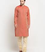 Peach silk blend woven kurta for men