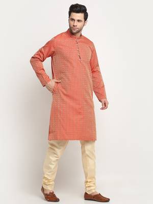 Peach silk blend woven kurta for men 4