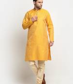 Yellow silk blend woven kurta for men