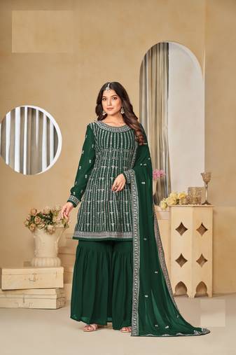 GREEN FAUX GEORGETTE EMBROIDERED PLAZZO SALWAR KAMEEZ