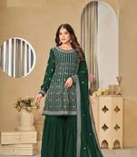 GREEN FAUX GEORGETTE EMBROIDERED PLAZZO SALWAR KAMEEZ