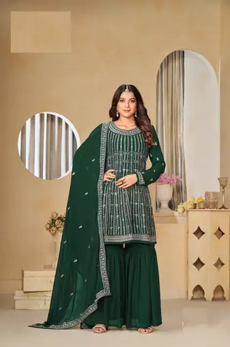 GREEN FAUX GEORGETTE EMBROIDERED PLAZZO SALWAR KAMEEZ